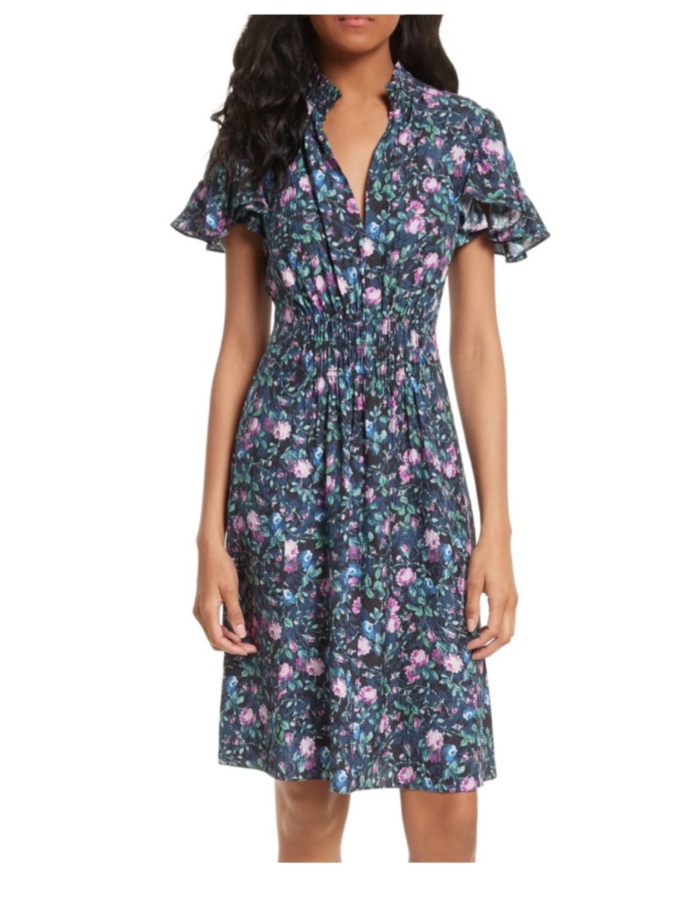 Rebecca Taylor Ruby Navy Floral Hammered Silk Mini Dress.